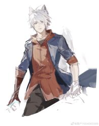 Rule 34 | 1boy, blue eyes, cat boy, devil may cry (series), highres, holding, hood, kemonomimi mode, looking at viewer, male focus, mechanical arms, nero (devil may cry), simple background, solo, weibo 7054093389, white background, white hair