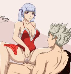 Rule 34 | 1boy, 1girl, asta (black clover), black clover, christmas, cum, cum in pussy, dress, hair ribbons, highres, noelle silva, nude, opening pussy, panties, red dress, red panties, riding person, sex, twintails, underwear