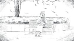 Rule 34 | 1girl, bench, blush, boots, closed mouth, closed umbrella, crosshatching, facing viewer, falling leaves, from side, greyscale, haibane renmei, hair between eyes, halo, hands up, hatching (texture), highres, holding, holding umbrella, jacket, leaf, linear hatching, long skirt, long sleeves, looking up, monochrome, nikai no mado, no nose, on bench, open clothes, open jacket, outdoors, park, park bench, rakka (haibane), short hair, sitting, sketch, skirt, smile, solo, tareme, traditional media, tree, umbrella, white background, wide shot, wind, wing collar, wings, winter clothes