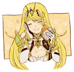 Rule 34 | 1girl, asozan (cocomil), blonde hair, blush, breasts, cleavage, closed eyes, closed mouth, cropped torso, croquette, dress, facing viewer, food, food on face, gloves, holding, holding food, jewelry, large breasts, long hair, mythra (xenoblade), simple background, smile, solo, upper body, xenoblade chronicles (series), xenoblade chronicles 2