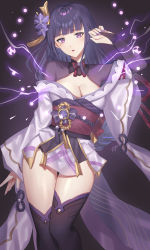 Rule 34 | 1girl, bad id, bad pixiv id, black hair, black thighhighs, blunt bangs, breasts, bridal gauntlets, cleavage, commentary request, genshin impact, hair ornament, highres, japanese clothes, lightning, long hair, looking at viewer, low ponytail, medium breasts, mitsudomoe (shape), mole, mole under eye, obi, obiage, oshage (osyage921), parted lips, purple eyes, raiden shogun, sash, sidelocks, simple background, smile, solo, thighhighs, tomoe (symbol), vision (genshin impact), wide sleeves, zettai ryouiki