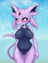 Rule 34 | 1girl, animal ear fluff, animal ears, blue background, blue one-piece swimsuit, blush, breasts, collar, covered erect nipples, cowboy shot, creatures (company), ehada, espeon, eyelashes, female focus, furry, furry female, game freak, gen 2 pokemon, highres, looking at viewer, navel, nintendo, no humans, one-piece swimsuit, pokemon, pokemon (creature), purple eyes, school swimsuit, smile, solo, standing, swimsuit, tail, thigh gap