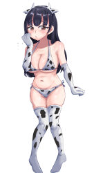 Rule 34 | 1girl, absurdres, animal ears, animal print, arm at side, bikini, black hair, blush, boku no kokoro no yabai yatsu, breasts, brown eyes, closed mouth, collarbone, cow ears, cow horns, cow print, cow print bikini, cow print gloves, cow print thighhighs, dot nose, elbow gloves, embarrassed, eyebrows, eyelashes, fake animal ears, fake horns, female focus, gloves, hand up, highres, horns, knees together feet apart, large breasts, long hair, looking at viewer, mole, mole on neck, navel, print bikini, print gloves, print thighhighs, side-tie bikini bottom, simple background, solo, standing, swimsuit, thick thighs, thighhighs, thighs, white background, yamada anna, yukino miya