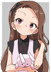 Rule 34 | 1girl, bare shoulders, black bow, black hairband, blush, border, bow, breasts, brown eyes, brown hair, closed mouth, dot nose, gazacy (dai), grey background, hairband, hand in own hair, hand up, highres, holding, holding stuffed toy, idolmaster, idolmaster (classic), idolmaster million live!, idolmaster million live! theater days, long hair, looking at another, minase iori, outside border, simple background, small breasts, solo, stuffed animal, stuffed rabbit, stuffed toy, two-tone dress, upper body, usa-chan (idolmaster), white border