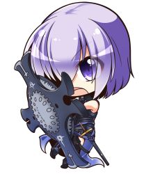 Rule 34 | 1girl, :o, chibi, commentary request, fate/grand order, fate (series), looking at viewer, mash kyrielight, open mouth, purple eyes, purple hair, shachoo., shield, short hair, simple background, solo, sword, v-shaped eyebrows, weapon, white background
