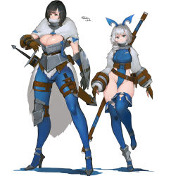 Rule 34 | 2girls, blue eyes, blue footwear, blue pants, boots, braid, breasts, brown gloves, bursting breasts, capelet, cleavage, commentary request, dagger, fake horns, fantasy, full body, fur-trimmed sleeves, fur trim, gloves, gorget, green eyes, hair ornament, hairclip, height difference, high heel boots, high heels, highres, horns, knee pads, knife, large breasts, medium hair, mole, mole under eye, multiple girls, neisa (pandea work), no panties, onean (pandea work), original, pandea work, pants, polearm, revealing clothes, revision, sheath, sheathed, short hair, shrug (clothing), side braid, silver hair, single braid, single knee pad, small breasts, smile, sword, the elder scrolls, the elder scrolls v: skyrim, thigh boots, thigh gap, thigh strap, thighhighs, tight clothes, tight pants, weapon, weapon on back, white background