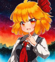 Rule 34 | 1girl, arm up, bad id, bad pixiv id, black vest, blonde hair, commentary request, fang, finger to own chin, forest, gradient sky, hair ribbon, head tilt, light particles, long sleeves, marker (medium), nature, necktie, open mouth, outline, qqqrinkappp, red necktie, ribbon, rumia, shirt, short hair, skin fang, sky, solo, standing, star (sky), starry sky, sunset, touhou, traditional media, twilight, upper body, vest, white shirt, wing collar