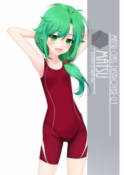 Rule 34 | 1girl, :d, antenna hair, arms behind head, artist name, bodysuit, character name, collarbone, competition swimsuit, cowboy shot, diving suit, eyes visible through hair, flat chest, green eyes, green hair, hair between eyes, hair ornament, hair over shoulder, highres, inaba shiki, kantai collection, long hair, looking at viewer, matsu (kancolle), one-piece swimsuit, open mouth, red one-piece swimsuit, red scrunchie, red wetsuit, scrunchie, smile, solo, standing, striped clothes, striped one-piece swimsuit, swimsuit, teeth, vertical-striped clothes, vertical-striped one-piece swimsuit, wetsuit