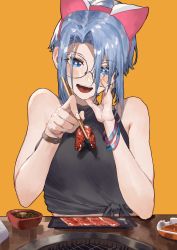 1girl absurdres animal_ears aochoku bare_shoulders blue_eyes blue_hair breasts cat_ears chopsticks fake_animal_ears food glasses hairband hand_on_own_cheek hand_on_own_face highres holding holding_chopsticks meat medium_hair open_mouth orange_background original parted_lips plate round_eyewear shirt simple_background sleeveless sleeveless_shirt small_breasts smile solo table tied_shirt turtleneck upper_body watch wristband wristwatch yakiniku