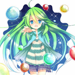Rule 34 | 1girl, ahoge, blue eyes, blush, casual, contemporary, female focus, floating, floating object, gem, green hair, hair tubes, kochiya sanae, long hair, open mouth, outstretched hand, shirt, skirt, solo, tears, touhou, yuya (night lily)