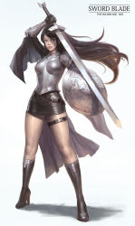 Rule 34 | 1girl, armor, black hair, blue eyes, boots, breastplate, brown hair, cape, female focus, gloves, high heel boots, high heels, kilart, knee boots, knight, lips, long hair, md5 mismatch, pauldrons, pencil skirt, plate armor, resized, resolution mismatch, revision, shield, shoulder armor, simple background, skirt, solo, source smaller, standing, sword, thigh strap, upscaled, warrior, weapon