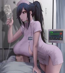 Rule 34 | 1boy, 1girl, ?, bed, black hair, breasts, brown hair, cleavage cutout, clothing cutout, confused, dress, dripping, dying, hair over one eye, hat, heartbeat, highres, hospital, huge breasts, ikemeru19, implied erection, large breasts, leaning forward, long hair, name tag, nurse, nurse cap, original, ponytail, sagging breasts, short dress, sideboob, sideboob cutout, sweat