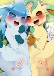 Rule 34 | :d, animal ears, anus, bar censor, blue eyes, blue fur, blush, body fur, brown eyes, censored, creatures (company), dagashi (daga2626), furry, game freak, gen 4 pokemon, glaceon, grass, has uncensored version, heart, heart-shaped pupils, highres, leafeon, looking at viewer, lying, nintendo, no humans, open mouth, pokemon, pokemon (creature), pussy, saliva, smile, sweat, symbol-shaped pupils, tail, yellow fur