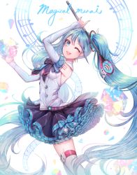 Rule 34 | 1girl, black bow, black bowtie, black ribbon, black skirt, blue bow, blue eyes, blue hair, blue nails, blue necktie, blush, bow, bowtie, breasts, copyright name, detached sleeves, from side, hatsune miku, long hair, long sleeves, looking at viewer, magical mirai miku, magical mirai miku (2017), musical note, nail polish, necktie, one eye closed, open mouth, ozzingo, ribbon, skirt, small breasts, smile, solo, staff (music), standing, thighhighs, twintails, very long hair, vocaloid, white thighhighs