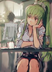 Rule 34 | 1girl, back, black hair, breasts, c.c., head rest, cleavage, code geass, creayus, cup, drinking glass, drinking straw, green hair, high ponytail, lelouch vi britannia, long hair, pencil skirt, sitting, sketch, skirt, smile, yellow eyes