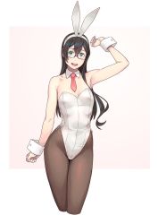 Rule 34 | 1girl, :d, alternate costume, animal ears, aqua eyes, bare arms, bare shoulders, black-framed eyewear, black hair, black pantyhose, blush, breasts, cowboy shot, cropped legs, detached collar, fake animal ears, glasses, hair between eyes, hairband, highres, kantai collection, leotard, long hair, looking at viewer, necktie, ooyodo (kancolle), open mouth, pantyhose, playboy bunny, rabbit ears, red necktie, semi-rimless eyewear, simple background, small breasts, smile, solo, strapless, strapless leotard, teeth, under-rim eyewear, upper teeth only, white leotard, wrist cuffs, yuuji (and)