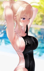 Rule 34 | 1girl, adjusting hair, armpits, arms up, blonde hair, blue eyes, blurry, blurry background, breasts, collarbone, commentary request, competition swimsuit, covered navel, cowboy shot, facing to the side, genshin impact, hair between eyes, highres, jean (genshin impact), large breasts, long hair, looking to the side, mouth hold, one-piece swimsuit, ponytail, ribbon, shirosaba, sideboob, sidelocks, solo, swimsuit, two-tone swimsuit, tying hair, wet, wet clothes