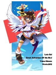 Rule 34 | 1boy, angel, angel wings, armband, artist name, blue eyes, bow (weapon), brown hair, feathered wings, full body, highres, himeno yuuma, holding, holding bow (weapon), holding weapon, kid icarus, kid icarus uprising, laurel crown, looking at viewer, male focus, nintendo, open mouth, pit (kid icarus), smile, solo, sparkle, v-shaped eyebrows, weapon, white wings, wings