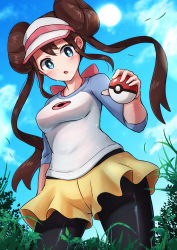 Rule 34 | 1girl, :o, black pantyhose, blue eyes, blush, breasts, brown hair, cloud, commentary request, creatures (company), double bun, eyelashes, foliage, from below, game freak, hair bun, highres, holding, holding poke ball, long hair, looking at viewer, looking down, medium breasts, nintendo, open mouth, outdoors, pantyhose, poke ball, poke ball (basic), pokemon, pokemon bw2, raglan sleeves, rosa (pokemon), short shorts, shorts, sidelocks, sky, solo, sun, sweat, twintails, two-tone headwear, very long hair, visor cap, wakaba (wata ridley), yellow shorts