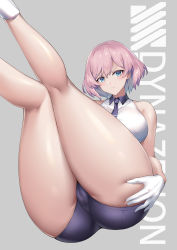 Rule 34 | 1girl, ass, ass grab, bare shoulders, blue eyes, blush, cameltoe, cleft of venus, covered erect nipples, feet out of frame, gloves, grabbing own ass, gridman universe, hair between eyes, highres, legs up, looking at viewer, mahou kyuuri, mujina, pink hair, purple neckwear, purple shorts, resolution mismatch, shirt, short hair, short shorts, shorts, sleeveless, sleeveless shirt, solo, source larger, ssss.dynazenon, thick thighs, thighs, v-shaped eyebrows, white footwear, white gloves