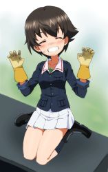 Rule 34 | 1girl, black hair, character request, dirty, dirty face, closed eyes, girls und panzer, gloves, grin, kayabakoro, ooarai military uniform, short hair, sitting, smile, solo, wariza