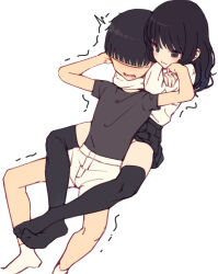 Rule 34 | 1boy, 1girl, bare arms, bare legs, black eyes, black hair, black shirt, black skirt, black thighhighs, blunt bangs, blush, choke hold, closed mouth, clothes lift, dutch angle, faceless, faceless male, feet out of frame, flat color, from above, full body, hug, hug from behind, leg lock, legs, long sleeves, looking ahead, lower teeth only, lying, medium hair, no nose, on back, open mouth, original, panties, panty peek, pleated skirt, shirt, shite socks, short hair, short sleeves, shorts, simple background, skirt, skirt lift, strangling, struggling, sweater, tareme, teeth, thighhighs, thighs, trembling, underwear, usule, very short hair, white background, white shorts, white sweater