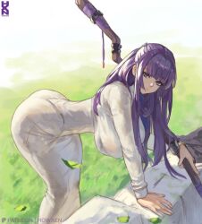 Rule 34 | 1girl, ass, bent over, breasts, closed mouth, commentary, dress, falling leaves, fern (sousou no frieren), hair intakes, highres, holding, holding staff, howxen, large breasts, leaf, long hair, looking at viewer, on grass, outdoors, patreon username, pencil dress, purple eyes, purple hair, solo, sousou no frieren, staff, standing, white dress
