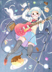 Rule 34 | &gt;:p, 1girl, :p, bad id, bad pixiv id, black thighhighs, blush, cake, cake slice, candy wrapper, cat, cream puff, electric guitar, food, glasses, guitar, highres, instrument, loafers, macaron, microphone, microphone stand, original, pudding, sekiyu., shoes, skirt, smile, solo, sweets, thighhighs, tongue, tongue out, v-shaped eyebrows, white cat