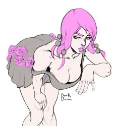 Rule 34 | 1girl, ass, bent over, breasts, dorkbum, female focus, flower skirt, highres, hirose yasuho, jojo no kimyou na bouken, jojolion, large breasts, lipstick, loose clothes, makeup, pink eyes, pink hair, pink lips, shirt, simple background, skirt, solo, thighs, white background
