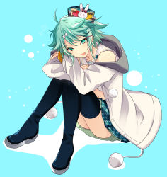 Rule 34 | 1boy, :d, ahoge, aqua background, bare shoulders, boots, commentary request, full body, green eyes, green hair, hair ornament, hairclip, hat, hat pin, heart, highres, holostars, jacket, kagami kira, long sleeves, looking at viewer, male focus, midriff, navel, nyokkiiiiin, open mouth, pom pom (clothes), short hair, simple background, sitting, skirt, smile, solo, thigh boots, thighhighs, trap, virtual youtuber