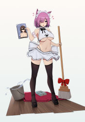 Rule 34 | 1girl, alternate costume, animal ears, areola slip, bar censor, bare shoulders, black bow, black footwear, black thighhighs, blush, bow, breasts, broom, bucket, cat ears, censored, collarbone, commentary request, eyes visible through hair, fate/grand order, fate (series), full body, hair over one eye, high heels, highres, holding, l.tea, large breasts, light purple hair, looking at viewer, magazine (object), maid headdress, mash kyrielight, navel, open mouth, purple eyes, purple hair, short hair, simple background, skirt, solo, standing, thighhighs, water, white background, white skirt