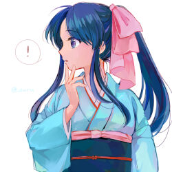 Rule 34 | !, 1girl, blue eyes, blue hair, blue kimono, commentary, finger to own chin, hair ribbon, hand up, high ponytail, japanese clothes, kamiya kaoru, kimono, long hair, long sleeves, looking to the side, obi, ouru109, parted lips, pink ribbon, profile, ribbon, rurouni kenshin, sash, sidelocks, solo, spoken exclamation mark, twitter username, upper body, white background, wide sleeves