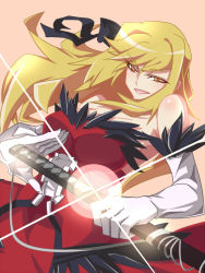 Rule 34 | 1girl, bakemonogatari, bare shoulders, blonde hair, breasts, cleavage, dress, elbow gloves, gloves, hair ribbon, kiss-shot acerola-orion heart-under-blade, large breasts, long hair, looking at viewer, monogatari (series), no bra, noisyu, open mouth, oshino shinobu, ribbon, solo, strapless, strapless dress, sword, weapon, yellow eyes