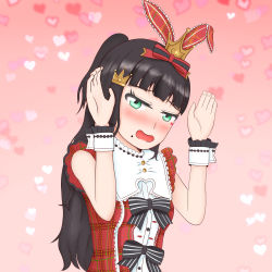 Rule 34 | 1girl, animal ears, artist name, artist request, bare shoulders, black bow, black hair, blush, bow, buttons, crown hair ornament, dress, female focus, frilled dress, frills, green eyes, heart, heart tattoo, highres, kurosawa dia, long hair, looking at viewer, love live!, love live! school idol festival, love live! sunshine!!, minami izumi325, mole, mole under mouth, parted lips, ponytail, rabbit ears, red dress, solo, striped, striped bow, tattoo, very long hair, wrist cuffs