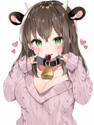 Rule 34 | 1girl, animal ears, aran sweater, bell, black collar, blush, breasts, brown hair, cable knit, candy, chocolate, chocolate heart, cleavage, collar, cow ears, cow girl, cow horns, food, green eyes, heart, highres, horns, large breasts, long hair, long sleeves, looking at viewer, neck bell, original, simple background, solo, sweater, toma tokage, upper body, white background