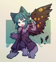 Rule 34 | 1girl, animal ears, animal hands, aqua hair, black feathers, black vest, blue eyes, chinese commentary, coat, colored eyelashes, commentary request, employee (project moon), feathers, fur-trimmed coat, fur trim, gloves, grey coat, grey footwear, grey pants, highres, lobotomy corporation, necktie, no nose, open mouth, pants, paw gloves, paw shoes, project moon, red necktie, single wing, smile, solo, tail, tesna, vest, wings, wolf ears, wolf girl, wolf tail