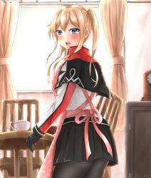 Rule 34 | 1girl, apron, bad id, bad pixiv id, black legwear, black skirt, blonde hair, capelet, celtic knot, chair, clock, commentary request, cowboy shot, cup, curtains, from behind, graf zeppelin (kancolle), hair between eyes, jacket, kantai collection, kaoru (kitada1026), looking at viewer, looking back, miniskirt, sidelocks, skirt, solo, table, teacup, tsurime, twintails, window