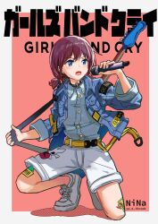 Rule 34 | 1girl, 33brook33, blue eyes, blue jacket, blue shirt, border, character name, collared shirt, commentary, copyright name, dated, electric guitar, full body, girls band cry, guitar, highres, holding, holding microphone, instrument, instrument on back, iseri nina, jacket, microphone, music, open clothes, open jacket, open mouth, pink background, red hair, shirt, shoes, short twintails, shorts, simple background, singing, sneakers, solo, squatting, twintails, white border, white footwear, white shorts