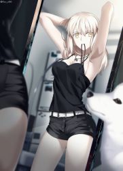 Rule 34 | 1girl, armpits, arms behind head, arms up, artoria pendragon (all), artoria pendragon (fate), belt, black ribbon, black shirt, black shorts, blurry, blurry background, breasts, cavall the 2nd, collarbone, commentary, depth of field, fate/stay night, fate (series), foo (pixiv54892036), saber alter (ver. shinjuku 1999) (fate), long hair, looking at viewer, medium breasts, mirror, mirror image, mouth hold, official alternate costume, ribbon, ribbon in mouth, saber alter, samoyed (dog), shirt, short shorts, shorts, sleeveless, sleeveless shirt, solo, tying hair, white belt, white dog, yellow eyes