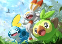 Rule 34 | absurdres, black eyes, blue eyes, blurry, bright pupils, cloud, commentary request, corviknight, corvisquire, creatures (company), day, eldegoss, closed eyes, fang, fangs, from below, game freak, gen 8 pokemon, grass, grookey, highres, falling leaves, nintendo, no humans, open mouth, outdoors, pokemon, pokemon (creature), ria (mari1101), rookidee, scorbunny, sky, sobble, starter pokemon trio, tongue, tree, white fur