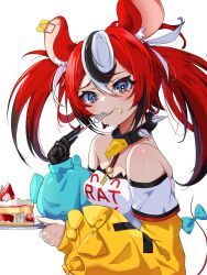 1girl absurdres animal_ear_fluff animal_ears aqua_bow aqua_sleeves asymmetrical_sleeves bare_shoulders black_collar black_gloves black_hair bow breasts cake cake_slice clothes_writing collar food food_on_face fork gloves h4kuuua_0 hakos_baelz hakos_baelz_(1st_costume) highres holding holding_fork holding_plate hololive hololive_english layered_sleeves long_hair long_sleeves looking_at_viewer medium_breasts mismatched_sleeves mouse_ears mouse_girl mouse_tail mousetrap multicolored_hair plate red_hair shirt short_over_long_sleeves short_sleeves simple_background single_glove solo spiked_collar spikes strawberry_shortcake streaked_hair tail tail_bow tail_ornament twintails upper_body virtual_youtuber white_background white_hair white_shirt yellow_sleeves