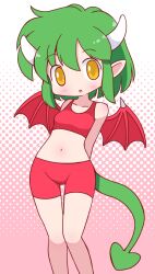 1girl arms_behind_back bike_shorts blush compile draco_centauros dragon_girl dragon_horns dragon_tail green_hair highres horns mabonasu6 madou_monogatari medium_hair midriff navel orange_eyes puyopuyo sega shorts sports_bra tail wings