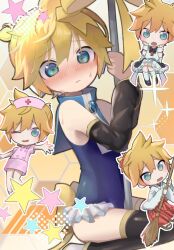 Rule 34 | 1boy, ;), @ @, apron, back bow, black footwear, black thighhighs, blonde hair, blue eyes, blue one-piece swimsuit, blush, bow, broom, brown footwear, chibi, chibi inset, crossdressing, halftone texture, hands on own cheeks, hands on own face, hat, heart, holding, holding broom, japanese clothes, kagamine len, maid, maid apron, messy hair, miko, nurse, nurse cap, one-piece swimsuit, one eye closed, open mouth, outline, pink footwear, pole, pole dancing, sandals, short hair, short ponytail, simple background, smile, sparkle, star (symbol), swimsuit, thighhighs, trap, urin (coconuts3252), vocaloid, white outline, white thighhighs, yellow background, yellow bow