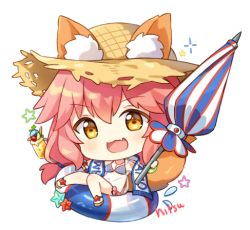 Rule 34 | :3, :d, animal ear fluff, animal ears, beach umbrella, bikini, blue bikini, blush, brown eyes, chibi, ears through headwear, fang, fate/grand order, fate (series), fox ears, fox girl, fox tail, full body, hair between eyes, hat, hitsukuya, holding, holding umbrella, innertube, long hair, looking at viewer, lowres, navel, open mouth, pink hair, sandals, see-through, shirt, simple background, sitting, smile, solo, straw hat, swim ring, swimsuit, tail, tamamo (fate), tamamo no mae (fate/extra), tamamo no mae (swimsuit lancer) (fate), tamamo no mae (swimsuit lancer) (second ascension) (fate), transparent, umbrella, v-shaped eyebrows, very long hair, wet, wet clothes, wet shirt, white background