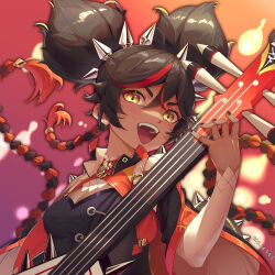 Rule 34 | 1girl, :d, azema, black hair, blurry, chinese clothes, commentary request, dark-skinned female, dark skin, depth of field, double bun, genshin impact, hair between eyes, hair bun, hairband, highres, holding, holding instrument, instrument, long hair, looking at viewer, multicolored hair, music, open mouth, playing instrument, short sleeves, sidelocks, simple background, smile, solo, spiked hairband, spikes, streaked hair, two-tone hair, wide sleeves, xinyan (genshin impact), yellow eyes