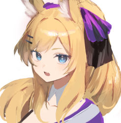 Rule 34 | 1girl, animal ear fluff, animal ears, arknights, blonde hair, blue eyes, collarbone, fang, hair ornament, hair ribbon, hairclip, highres, horse ears, long hair, looking at viewer, nagute, open mouth, ponytail, purple ribbon, ribbon, simple background, solo, thick eyebrows, upper body, whislash (arknights), whislash (glory purple) (arknights), white background