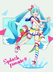 Rule 34 | 1girl, :d, absurdly long hair, asymmetrical legwear, azaka (pipponao), bandeau, blue eyes, blue hair, blue nails, blue sailor collar, bow, bracelet, breasts, cleavage, collarbone, earrings, floating hair, full body, hair between eyes, hair bow, hatsune miku, highres, jewelry, long hair, looking at viewer, midriff, nail polish, navel, open mouth, overalls, red bandeau, red bow, sailor collar, single thighhigh, small breasts, smile, solo, stomach, striped clothes, striped thighhighs, thigh strap, thighhighs, toenail polish, toenails, very long hair, vocaloid