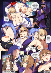 Rule 34 | 2girls, absurdres, angry, artoria pendragon (fate), blonde hair, blush, breast sucking, breasts, closed eyes, clothed sex, clothes, fate/grand order, fate (series), grabbing, grabbing another&#039;s breast, green eyes, highres, looking at viewer, medea (fate), medium breasts, multiple girls, nervous, nipples, one eye closed, orphen (pink seito), pointy ears, restrained, surprised, yuri