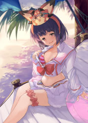 Rule 34 | 1girl, absurdres, beach, bikini, bikini under clothes, black hair, breasts, bridal garter, commentary request, granblue fantasy, hairband, heart, highres, long sleeves, looking at viewer, medium breasts, navel, nos, ocean, open mouth, parasol, pink eyes, shirt, short hair, sitting, smile, solo, star-shaped eyewear, star (symbol), striped bikini, striped clothes, sunglasses, sunglasses removed, sunset, swimsuit, umbrella, unworn eyewear, vikala (blooming summer wallflower) (granblue fantasy), vikala (granblue fantasy), vyrn (granblue fantasy), white shirt