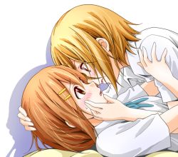 Rule 34 | 2girls, blush, bow, bowtie, brown eyes, brown hair, collared shirt, dresstrip, eye contact, female focus, friends, girl on top, hair ornament, hairclip, hirasawa yui, imminent kiss, k-on!, light brown hair, looking at another, lying, lying on person, multiple girls, open mouth, school uniform, shirt, short hair, simple background, sweat, tainaka ritsu, upper body, white background, yuri